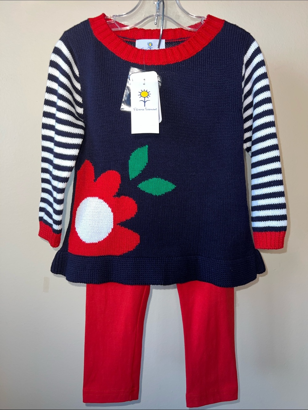 NWT Florence Eiseman Navy Sweater with Red Trim and Green Accent